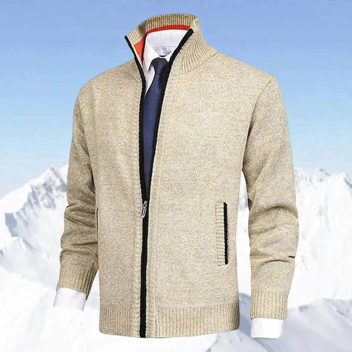 Men's Zip-Up Knit Fleece-Lined Cardigan Jumper Stand Collar