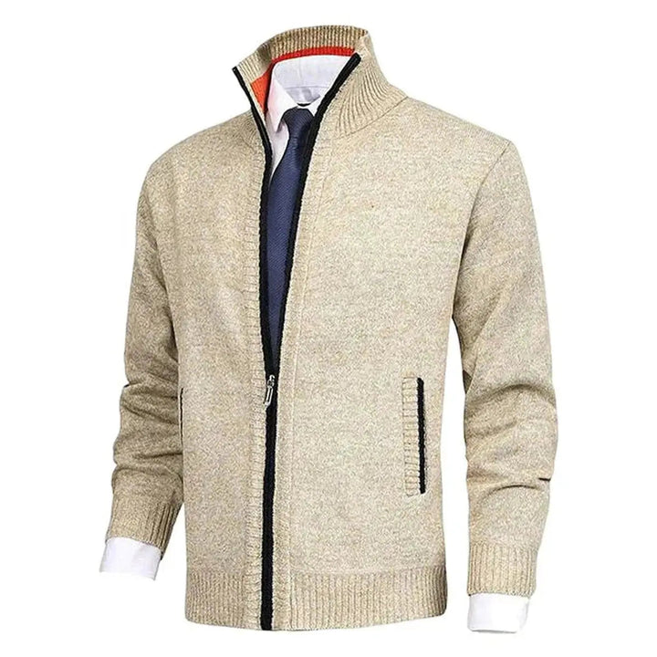 Men's Zip-Up Knit Fleece-Lined Cardigan Jumper Stand Collar