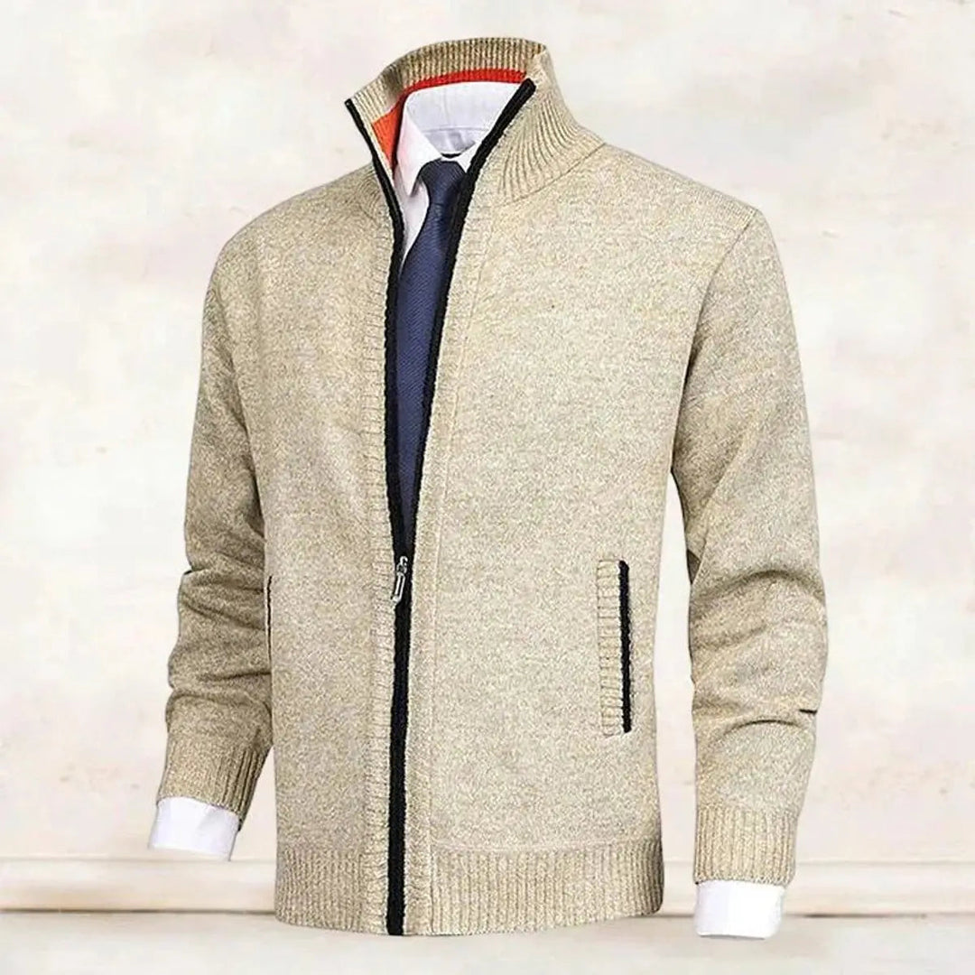Men's Zip-Up Knit Fleece-Lined Cardigan Jumper Stand Collar