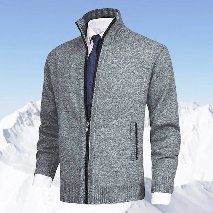 Men's Zip-Up Knit Fleece-Lined Cardigan Jumper Stand Collar
