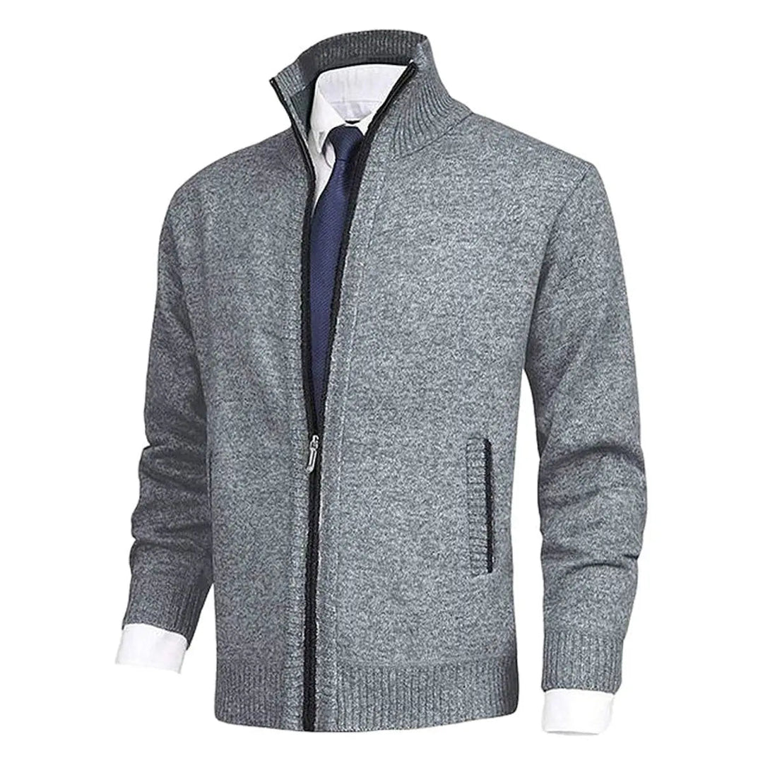 Men's Zip-Up Knit Fleece-Lined Cardigan Jumper Stand Collar