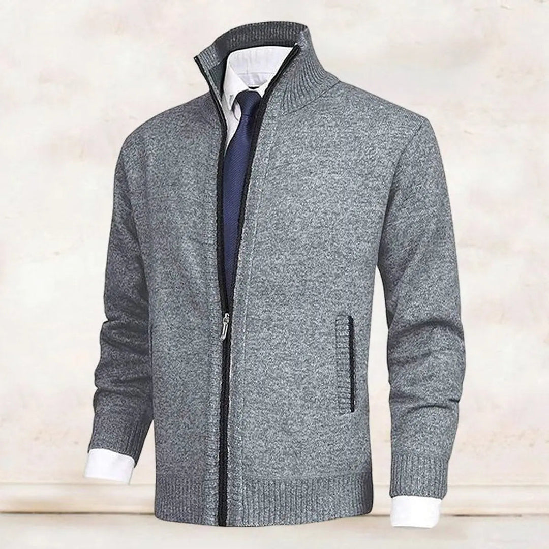 Men's Zip-Up Knit Fleece-Lined Cardigan Jumper Stand Collar