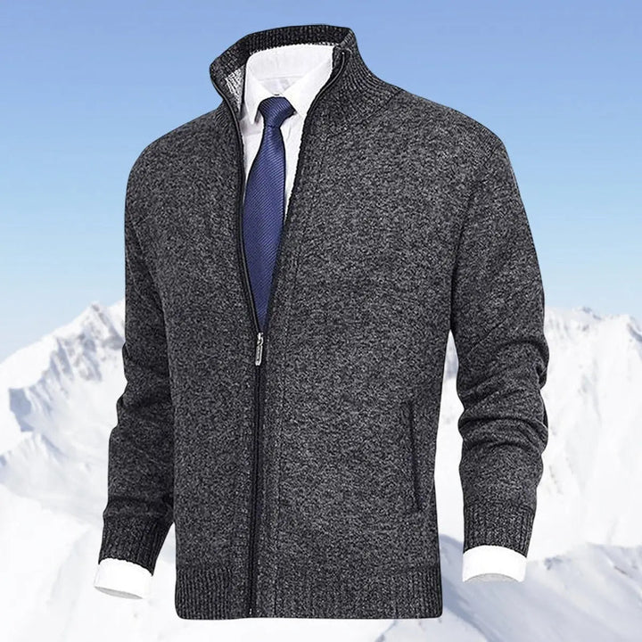 Men's Zip-Up Knit Fleece-Lined Cardigan Jumper Stand Collar