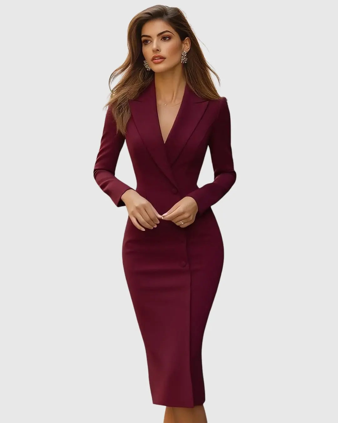 Women's Tailored Long-Sleeve Midi Blazer Dress with Double-Breasted Buttons