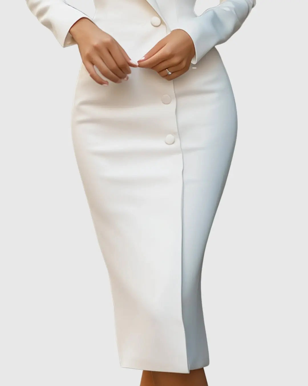 Women's Tailored Long-Sleeve Midi Blazer Dress with Double-Breasted Buttons