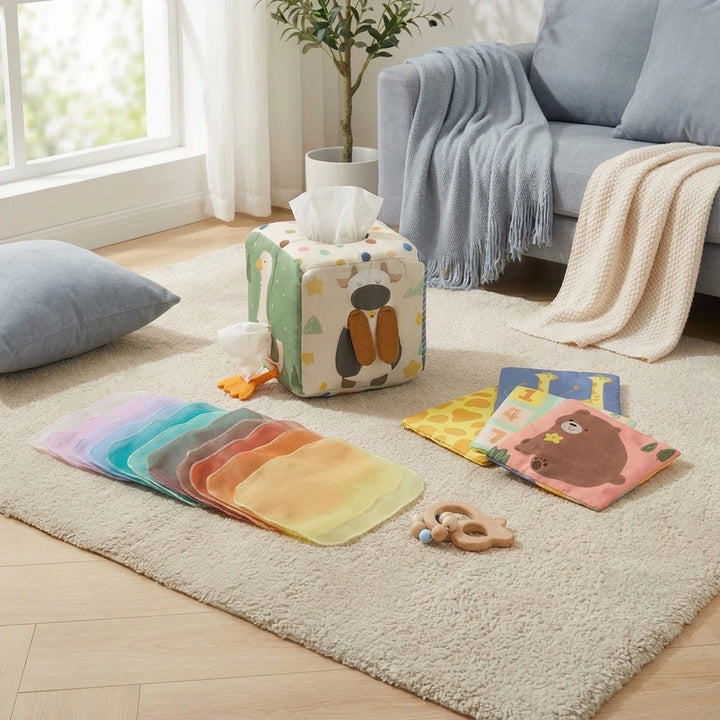 Montessori Baby Sensory Tissue Box with Crinkle Cloths and Soft Activity Cube