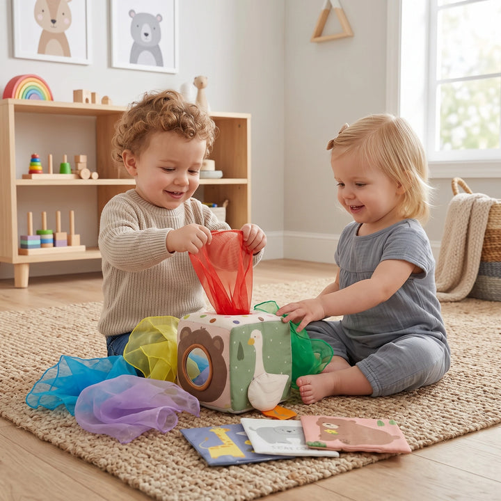 Montessori Baby Sensory Tissue Box with Crinkle Cloths and Soft Activity Cube