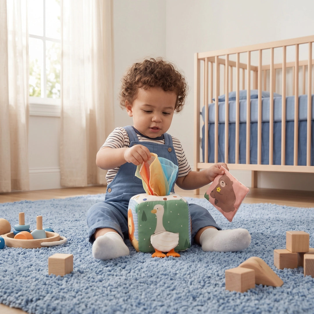 Montessori Baby Sensory Tissue Box with Crinkle Cloths and Soft Activity Cube