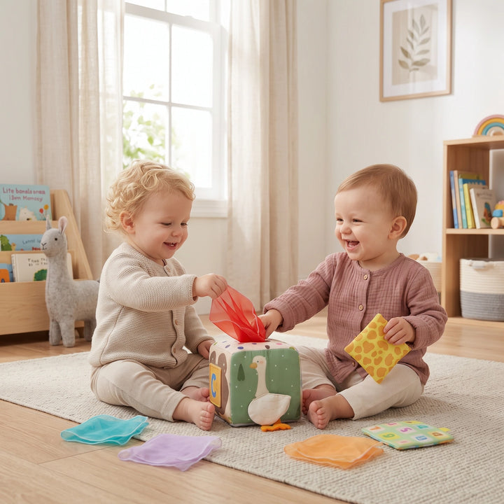Montessori Baby Sensory Tissue Box with Crinkle Cloths and Soft Activity Cube