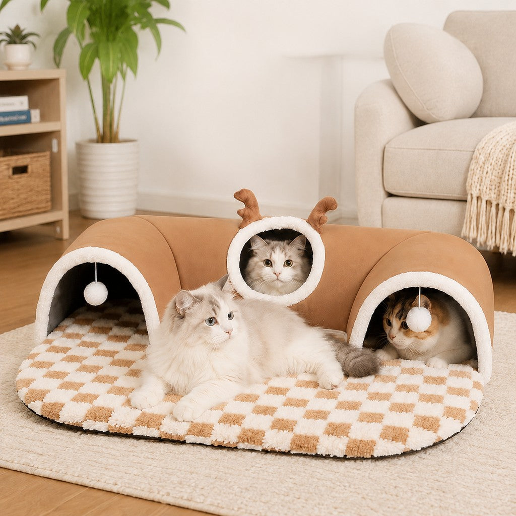 3-in-1 Multi-Cat Tunnel Bed & Play Mat for Indoor Cats