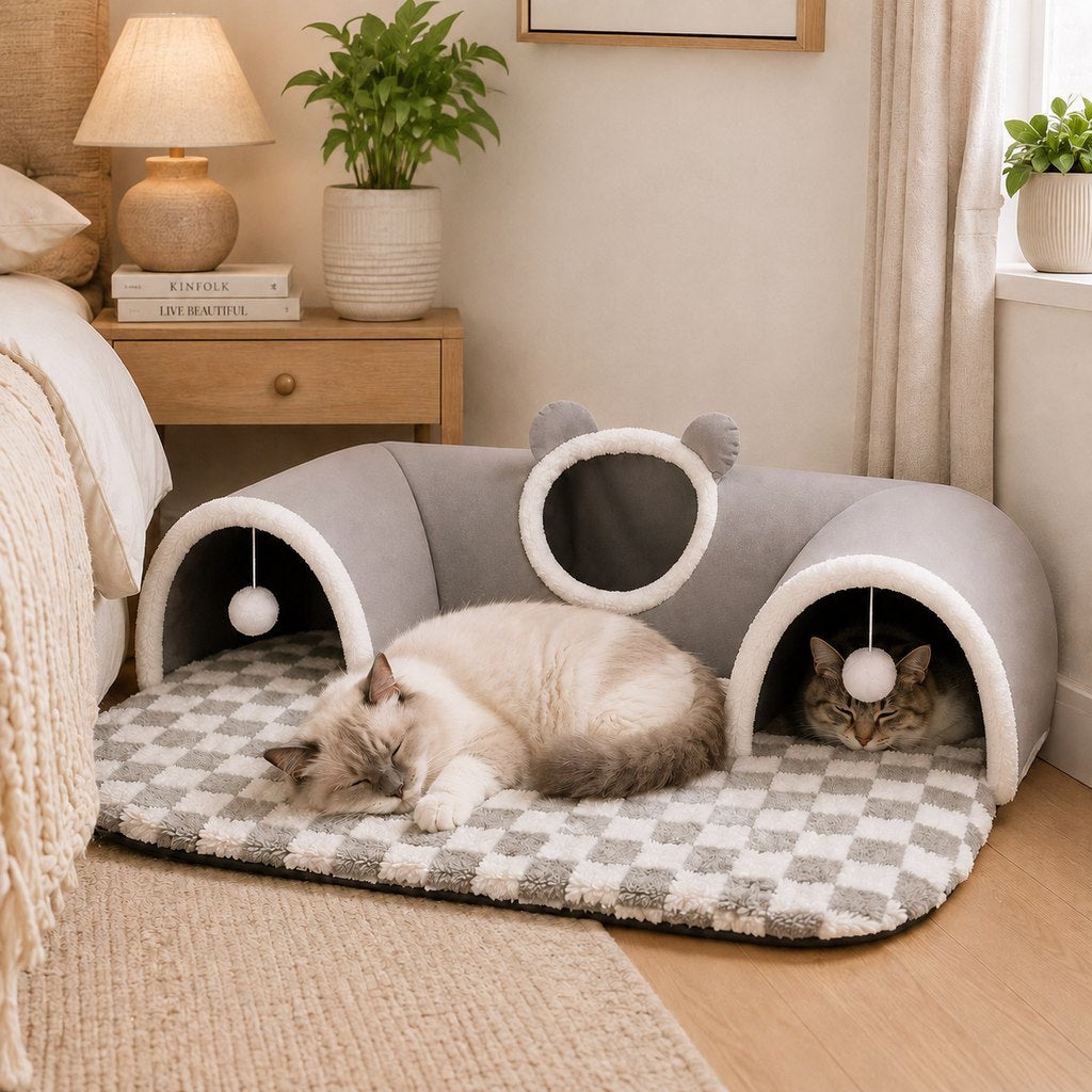 3-in-1 Multi-Cat Tunnel Bed & Play Mat for Indoor Cats