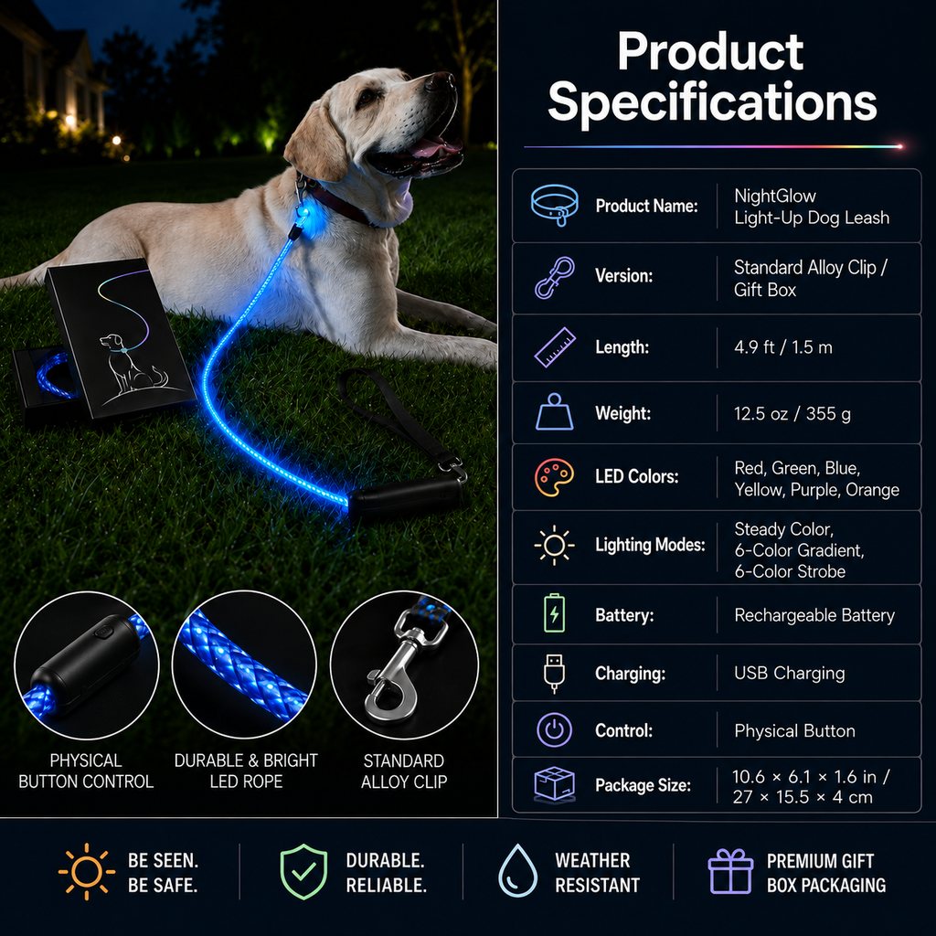 NightGlow LED Light-Up Dog Leash for Night Walks