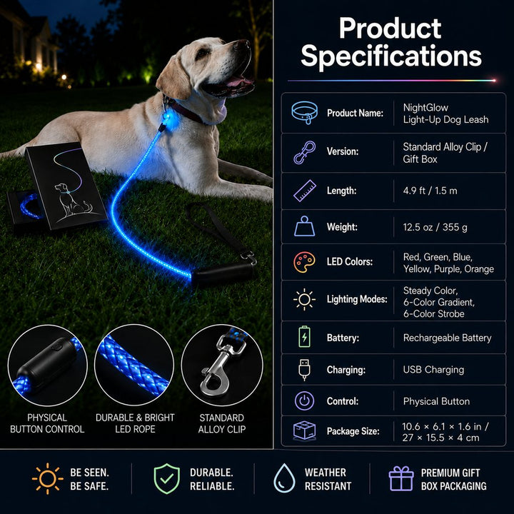 NightGlow LED Light-Up Dog Leash for Night Walks
