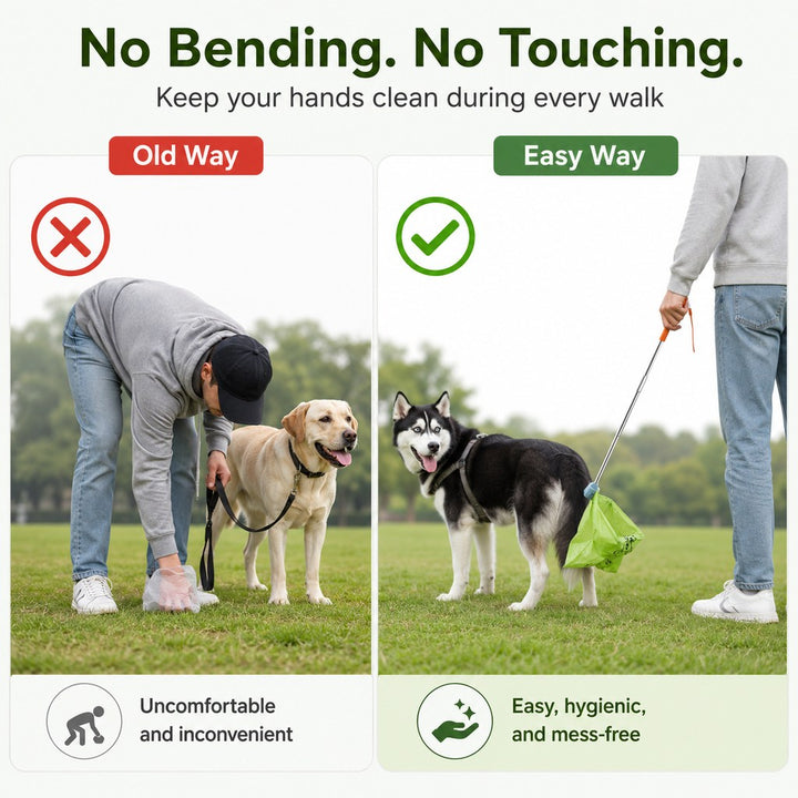 Foldable Dog Poop Catcher for Walks | No-Bend Waste Pickup Tool with Telescopic Handle