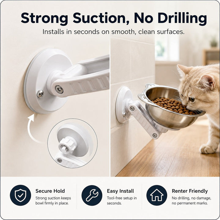 No-Drill Wall-Mounted Pet Bowl for Small Dogs & Cats | Elevated Feeding for Cleaner Floors