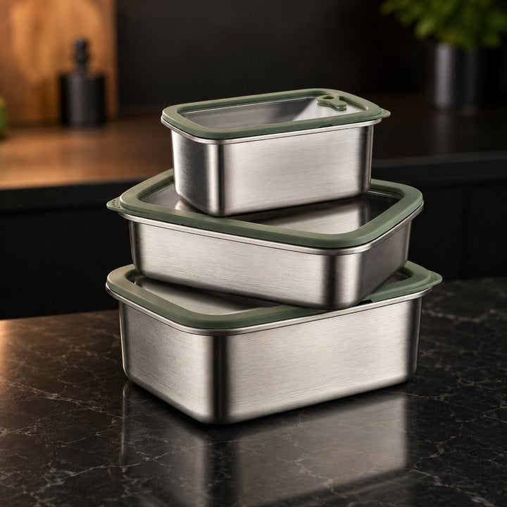Stainless Steel Food Storage Container | Glass Lid, Oven Safe