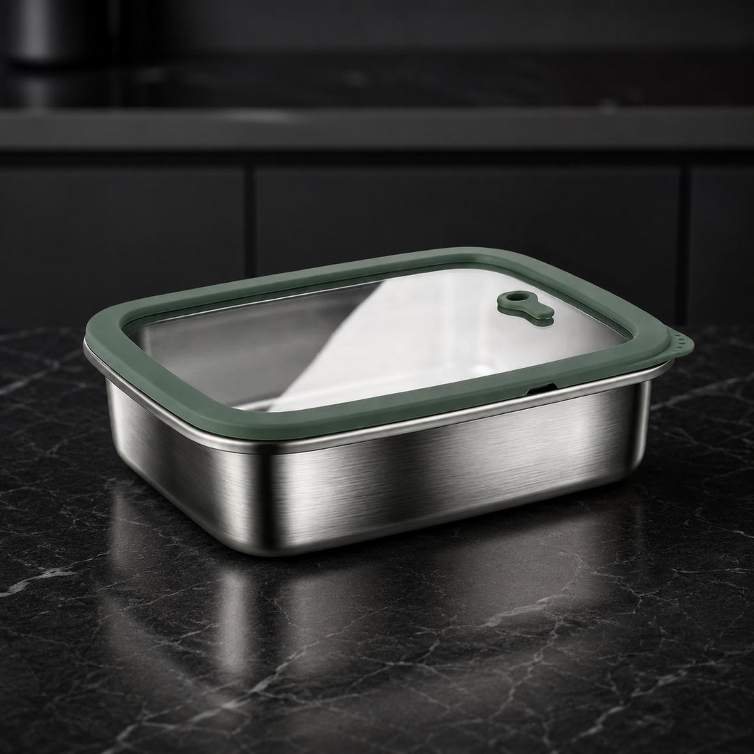 Stainless Steel Food Storage Container | Glass Lid, Oven Safe