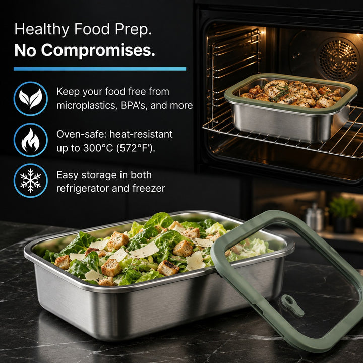 Stainless Steel Food Storage Container | Glass Lid, Oven Safe