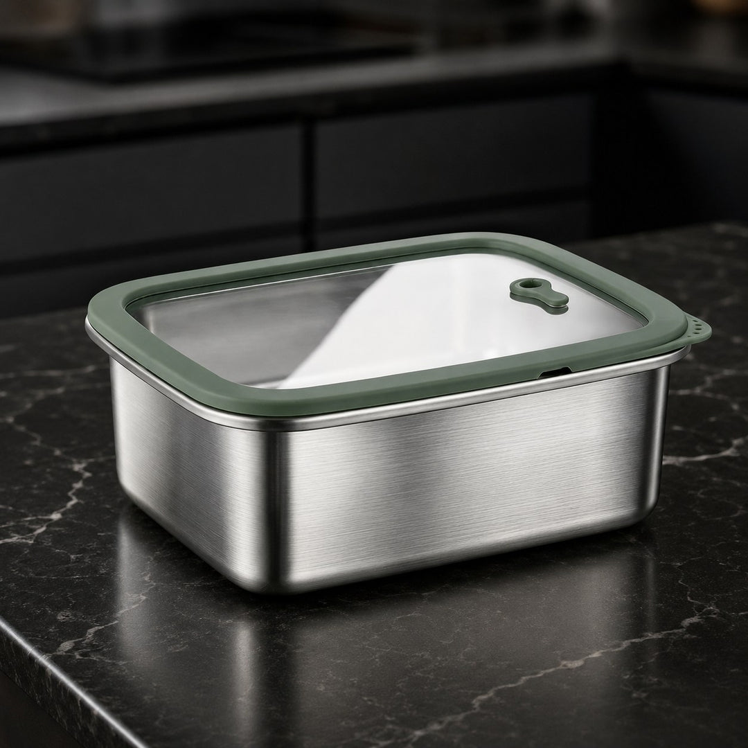 Stainless Steel Food Storage Container | Glass Lid, Oven Safe