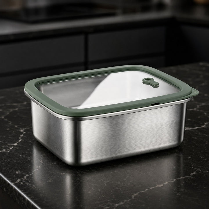 Stainless Steel Food Storage Container | Glass Lid, Oven Safe