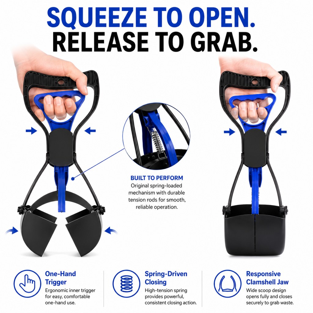Foldable Long-Handle Dog Pooper Scooper for Yard & Walks | One-Hand Bag-Lined Pickup