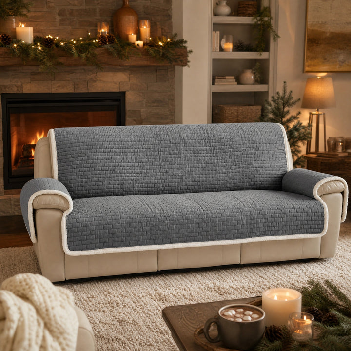One Piece Plush Couch Cover with Non Slip Backing and Machine Washable Fabric