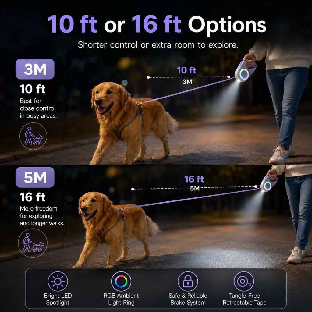 LED Retractable Dog Leash for Night Walks