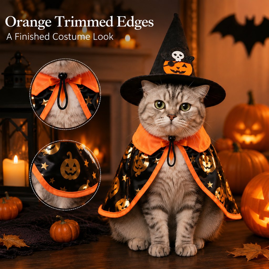 Halloween Cat Witch Hat & Cape Costume Set for Party Photos | Easy Festive Look for Cats