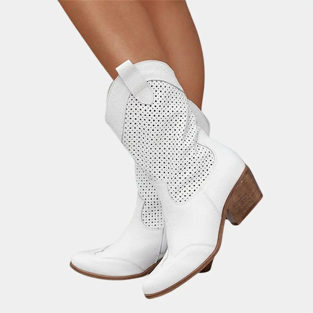 Women's Orthopedic Block Heel Cowboy Boots with Perforated Panels