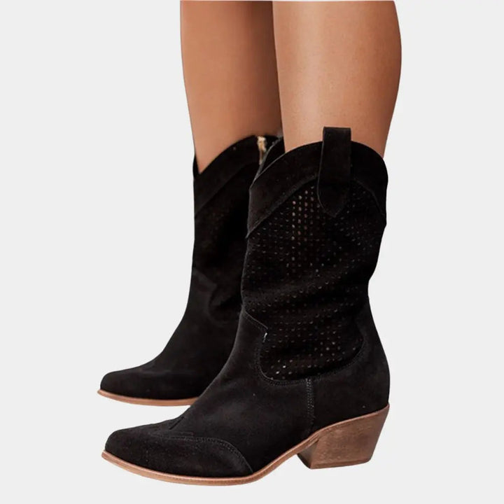 Women's Orthopedic Block Heel Cowboy Boots with Perforated Panels