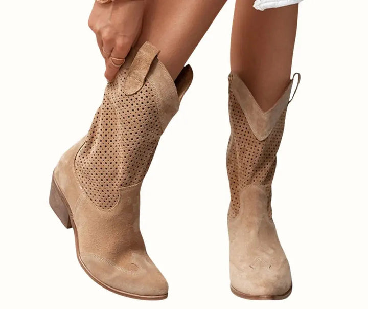Women's Orthopedic Block Heel Cowboy Boots with Perforated Panels