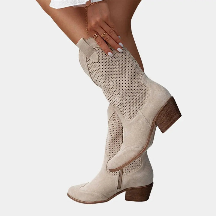 Women's Orthopedic Block Heel Cowboy Boots with Perforated Panels
