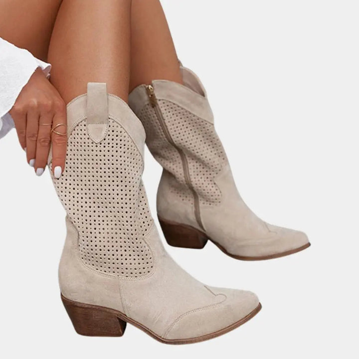 Women's Orthopedic Block Heel Cowboy Boots with Perforated Panels