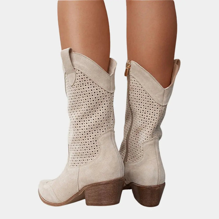 Women's Orthopedic Block Heel Cowboy Boots with Perforated Panels