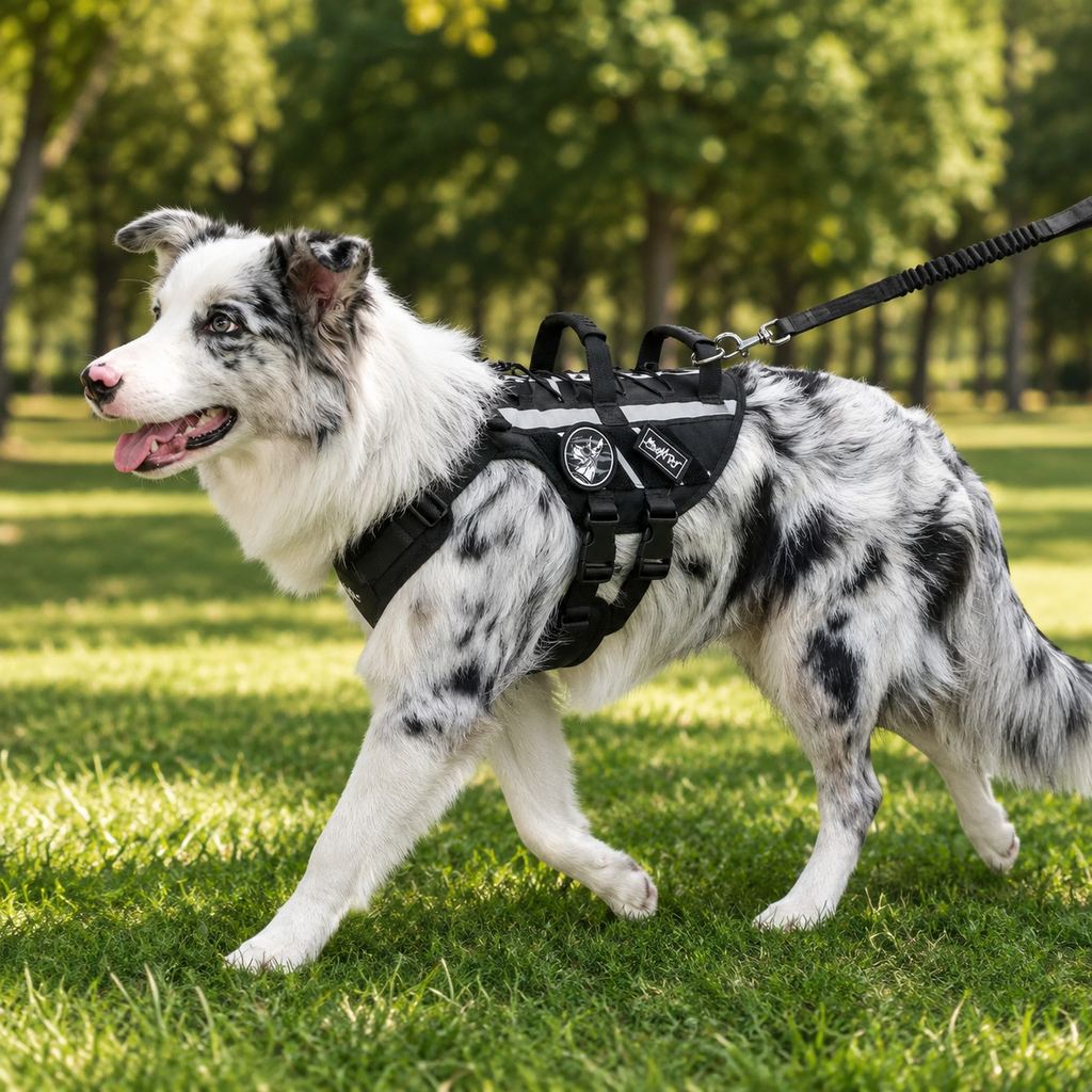 Outdoor Dog Harness & Bungee Leash Set with Dual Handles, Storage Pouch & Patch Accessories for Hiking, Walking and Ever