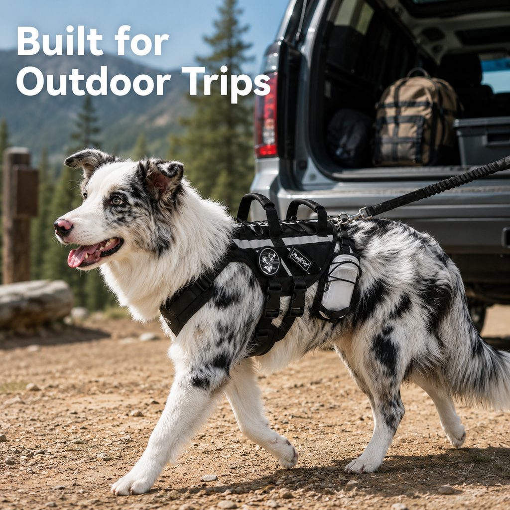 Outdoor Dog Harness & Bungee Leash Set with Dual Handles, Storage Pouch & Patch Accessories for Hiking, Walking and Ever