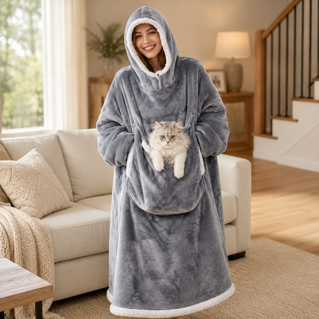 Oversized Sherpa Wearable Blanket Hoodie with Pet Pouch for Cats & Small Pets