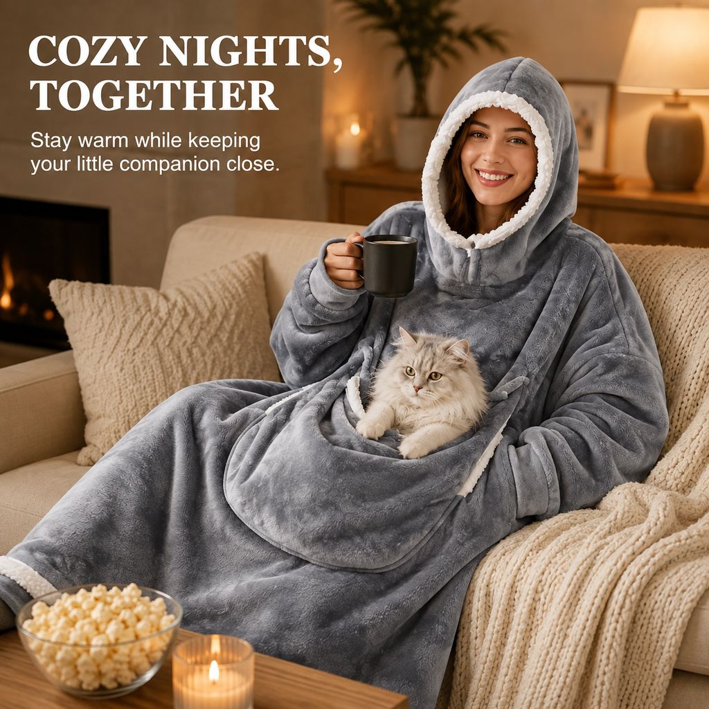 Oversized Sherpa Wearable Blanket Hoodie with Pet Pouch for Cats & Small Pets