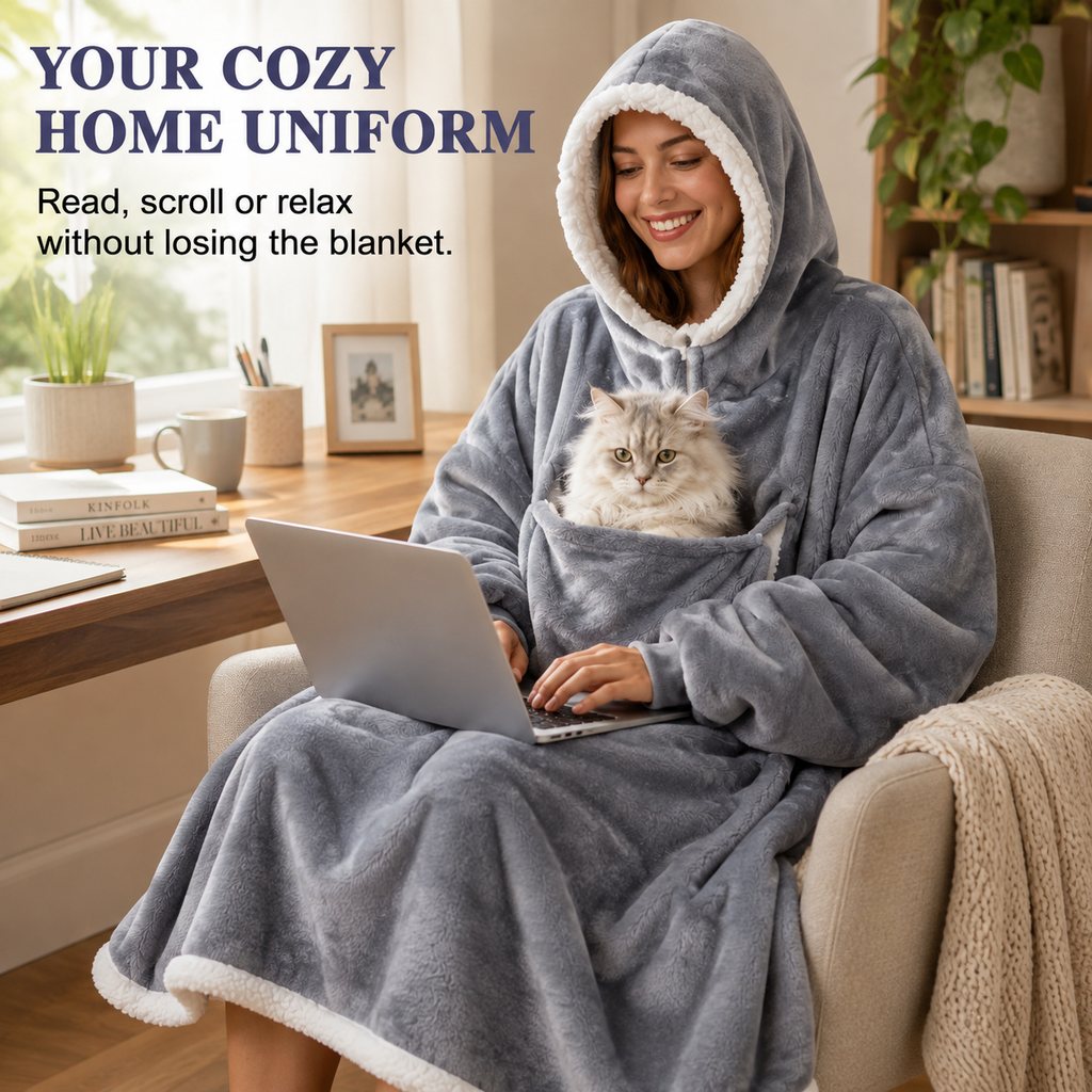 Oversized Sherpa Wearable Blanket Hoodie with Pet Pouch for Cats & Small Pets