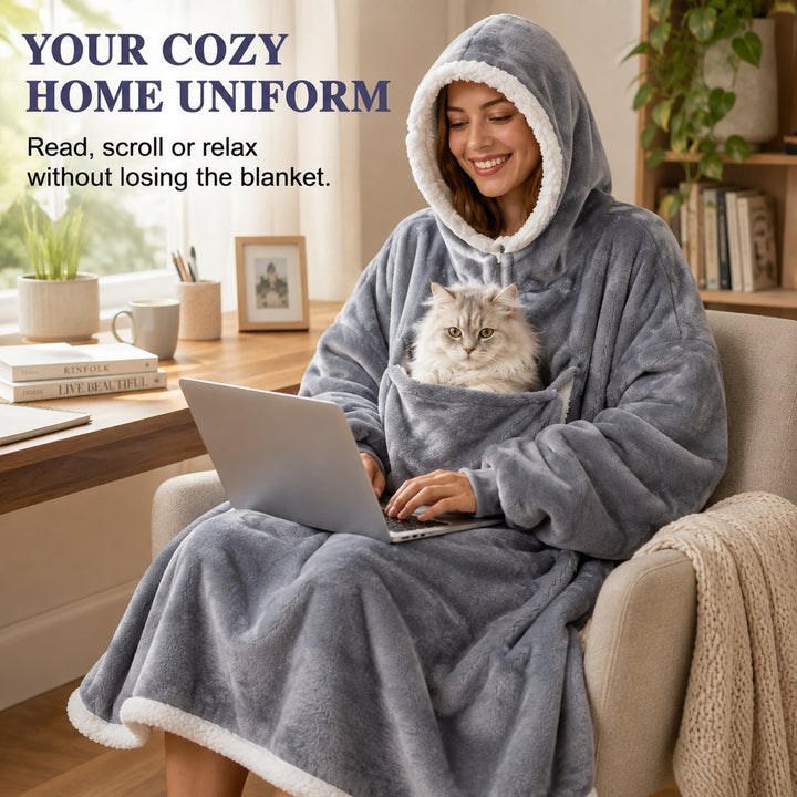 Oversized Sherpa Wearable Blanket Hoodie with Pet Pouch for Cats & Small Pets