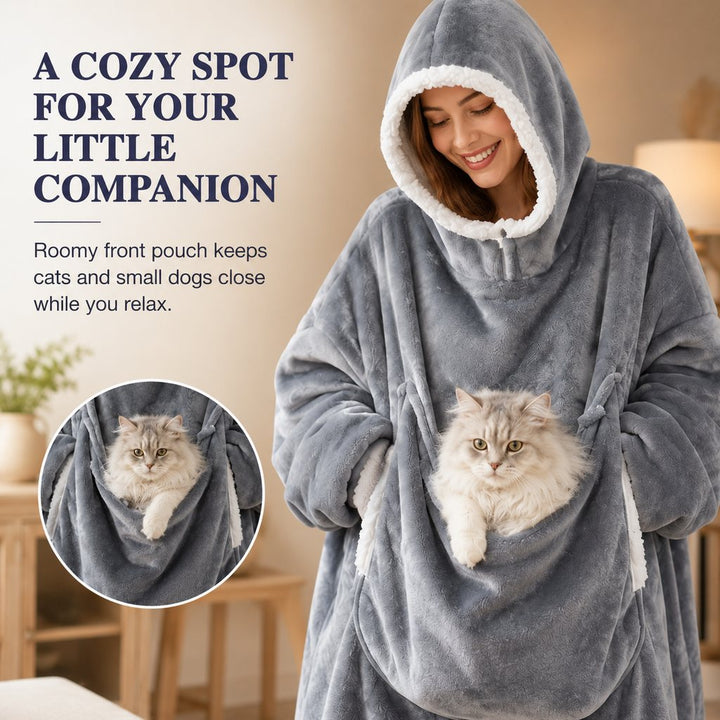 Oversized Sherpa Wearable Blanket Hoodie with Pet Pouch for Cats & Small Pets