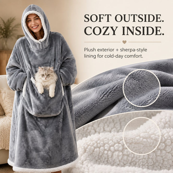 Oversized Sherpa Wearable Blanket Hoodie with Pet Pouch for Cats & Small Pets