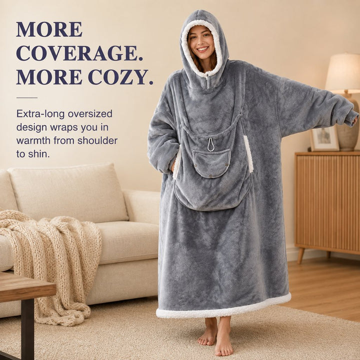 Oversized Sherpa Wearable Blanket Hoodie with Pet Pouch for Cats & Small Pets