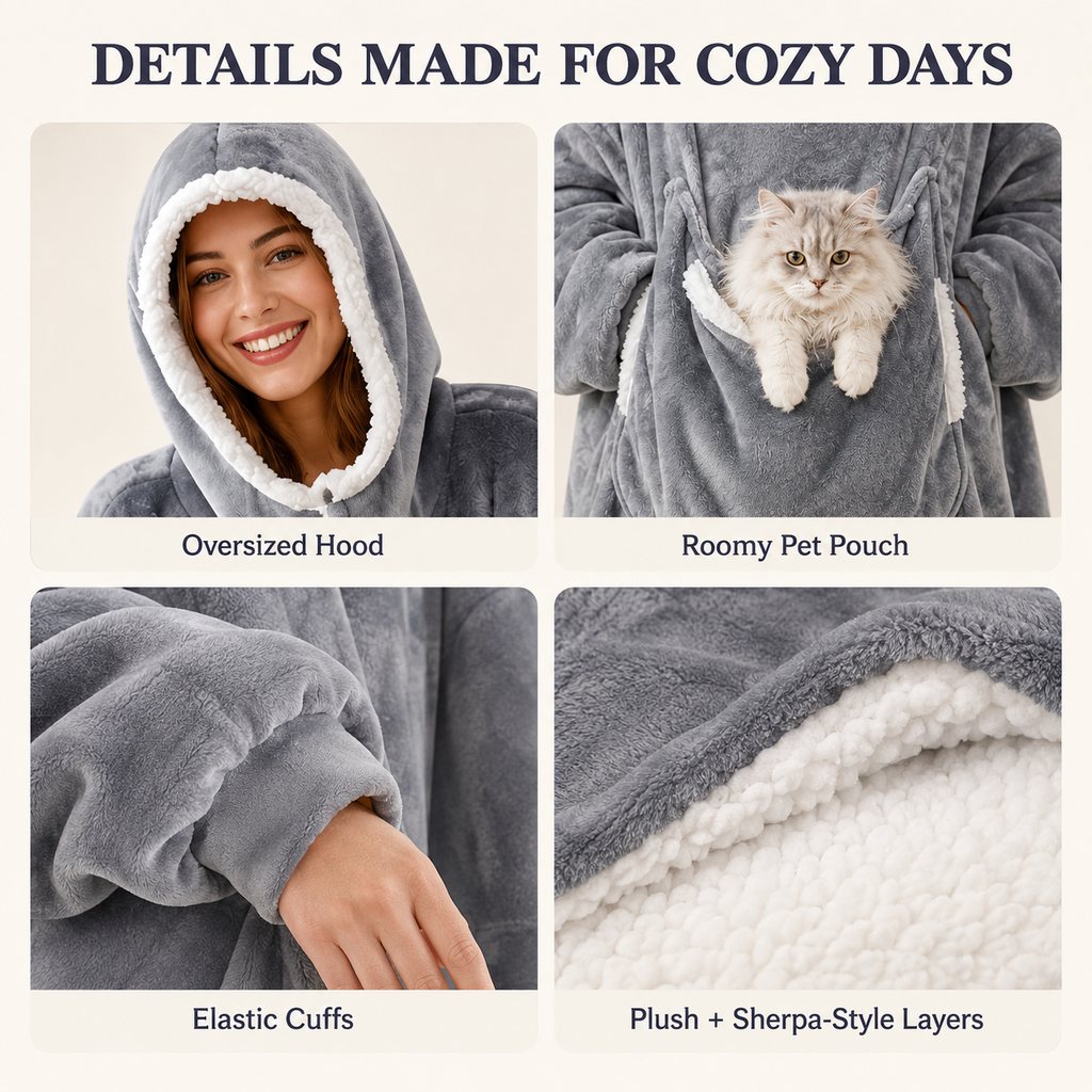 Oversized Sherpa Wearable Blanket Hoodie with Pet Pouch for Cats & Small Pets
