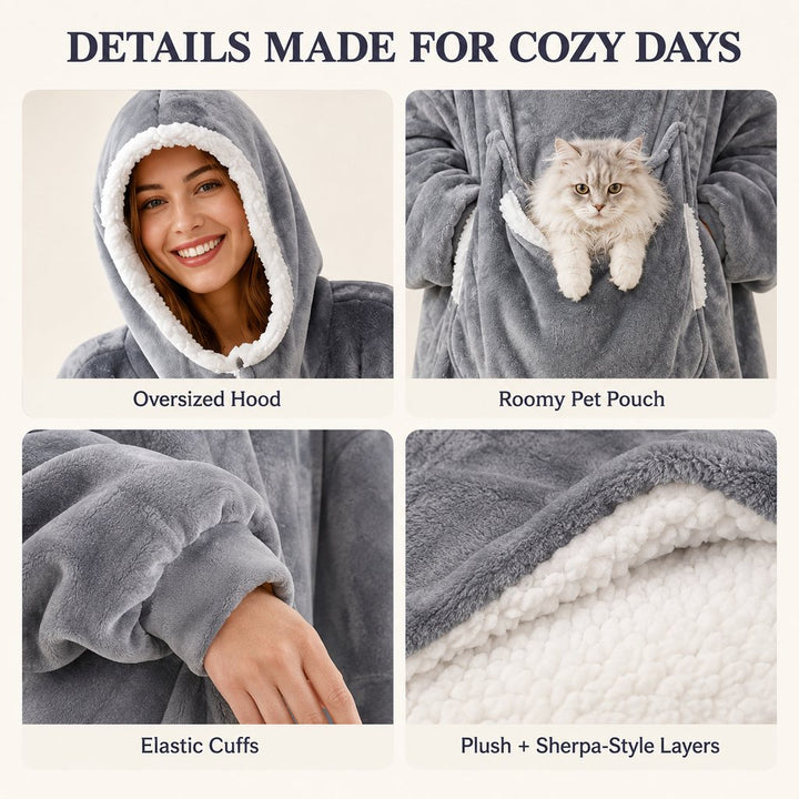 Oversized Sherpa Wearable Blanket Hoodie with Pet Pouch for Cats & Small Pets