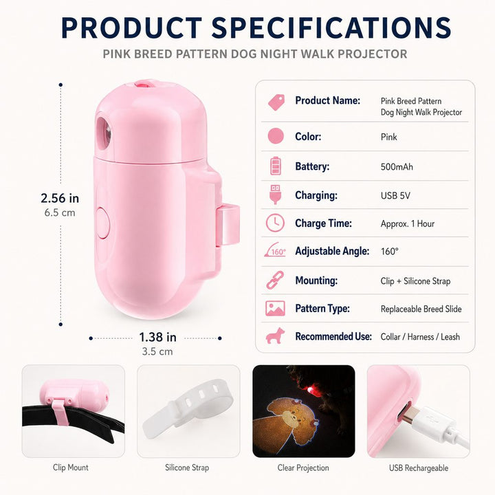 PawGlow Pink Breed Projector Dog Light for Night Walks