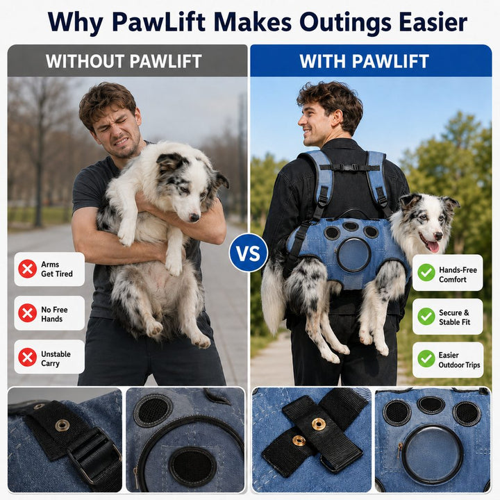 PawLift Denim Hands-Free Dog Carrier Backpack Harness for Walks, Shopping & Outdoor Trips