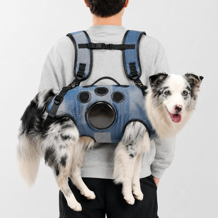 PawLift Denim Hands-Free Dog Carrier Backpack Harness for Walks, Shopping & Outdoor Trips