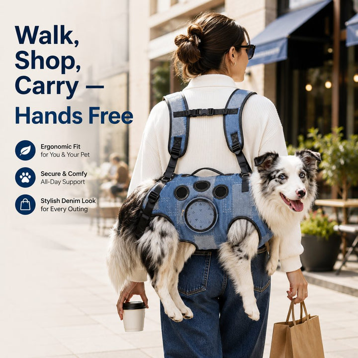PawLift Denim Hands-Free Dog Carrier Backpack Harness for Walks, Shopping & Outdoor Trips