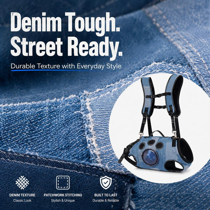 PawLift Denim Hands-Free Dog Carrier Backpack Harness for Walks, Shopping & Outdoor Trips